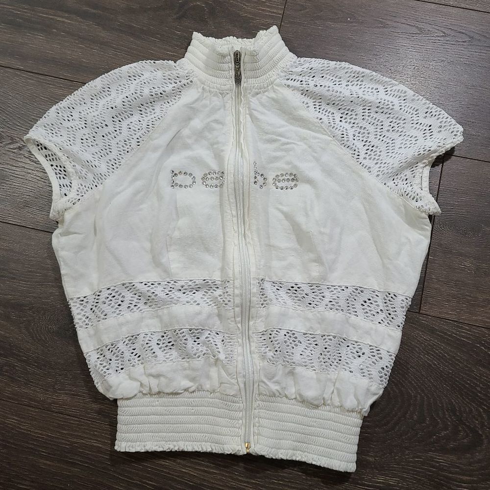 bebe White Zip-Front Crochet Sleeve Top